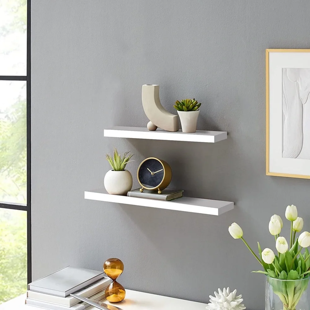 Wall Mounted Wooden Shelf Storage Rectangular Floating Shelves White Set of 3